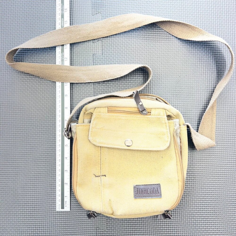 Vintage Jinhlcoda Beige Canvas Crossbody Bag With Adjustable Strap & Multiple Po